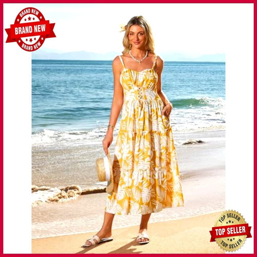 Boho Floral Maxi Dress Smocked Back Adjustable Straps Tiered Pockets Summer - Picture 4 of 7